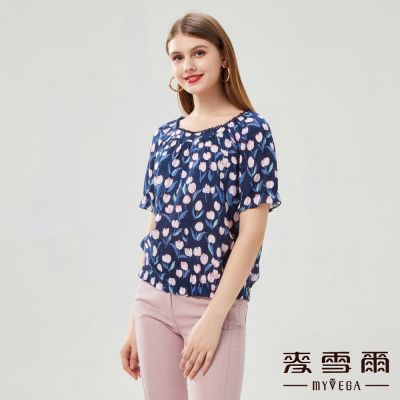 MYVEGA麥雪爾 鬱金香印花短袖上衣-深藍