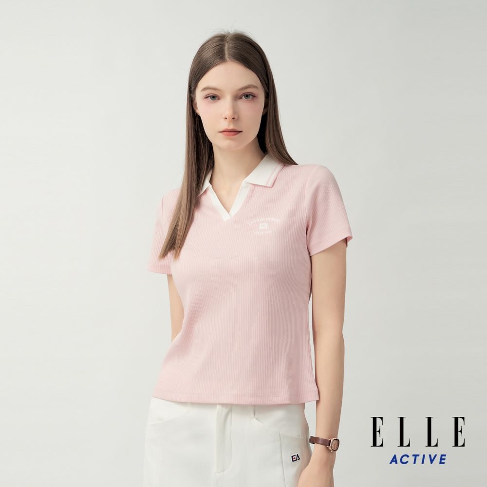 ELLE ACTIVE 女款 撞色翻領直紋短袖POLO衫-粉色(EA26S1W1105#71)