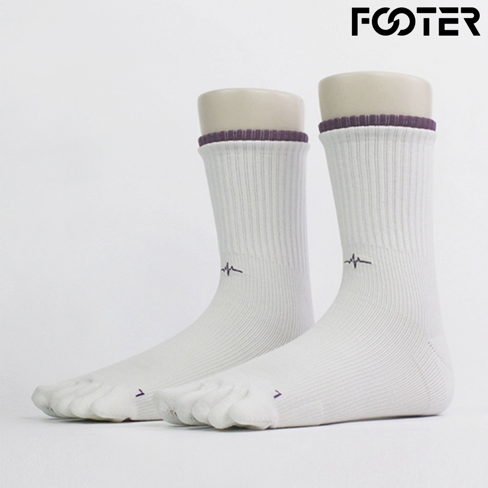 【FOOTER除臭襪】刺繡輕壓力高筒五趾襪(F02-白色)