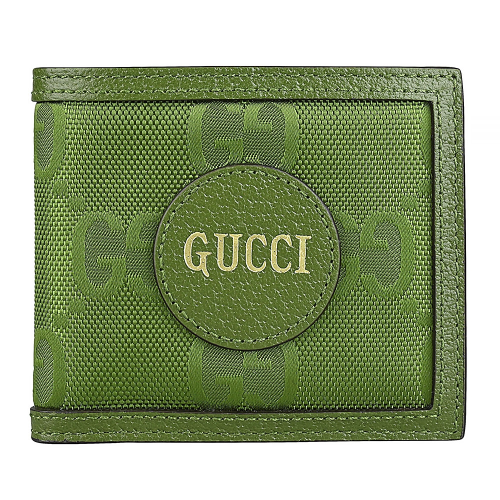 GUCCI Off the Grid金字LOGO緹花尼龍結合牛皮8卡對開短夾(森林綠)