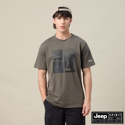 JEEP  男裝 城市探索半膠印花短袖T恤-深綠色