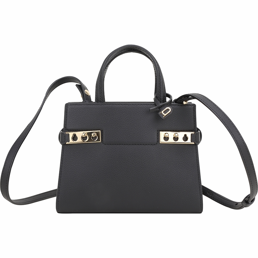 DELVAUX Tempete 小款 金屬扣帶壓紋牛皮手提/肩背包(黑色)