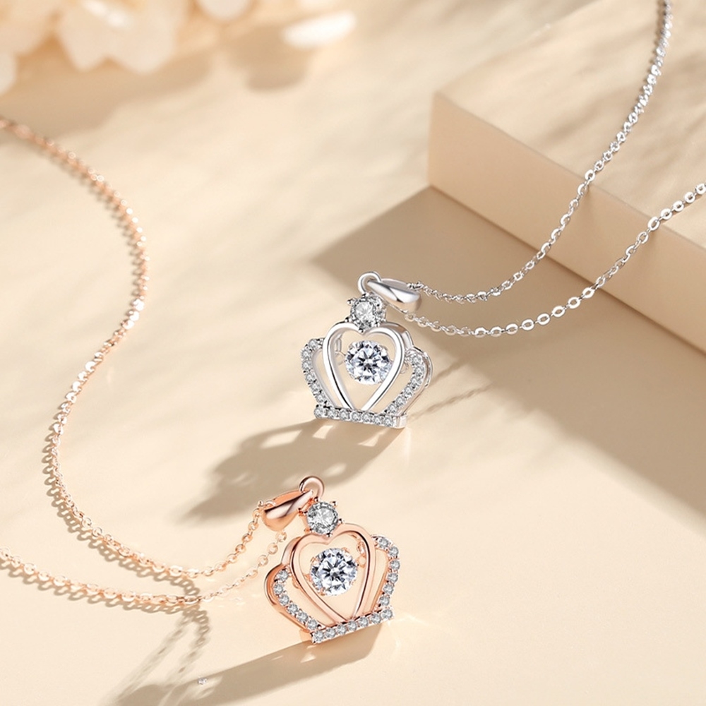 米蘭精品] 925純銀項鍊鋯石吊墜-靈動皇冠愛心聖誕節情人節生日交換禮物