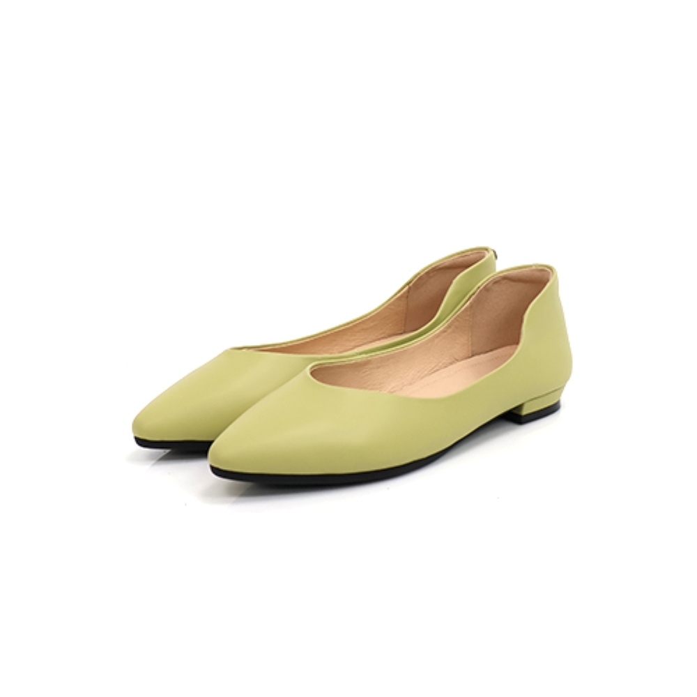 viina全真皮素面尖頭平底娃娃鞋 -芥末黃 (viina)