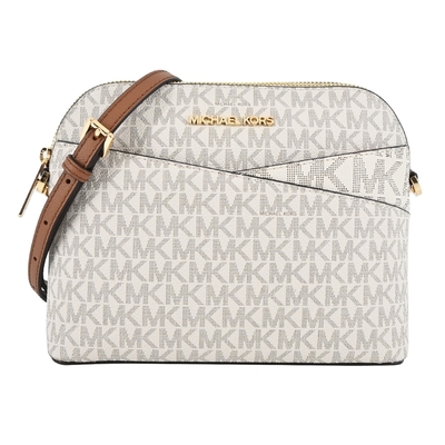 MICHAEL KORS JET SET新版交叉滿版PVC斜背貝殼包-米