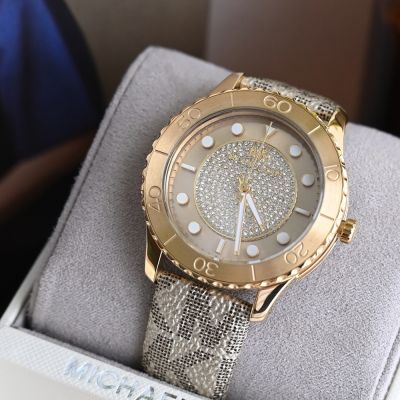MICHAEL KORS 經典MK水鑽鑲面不繡鋼皮革錶帶手錶 40mm(金)