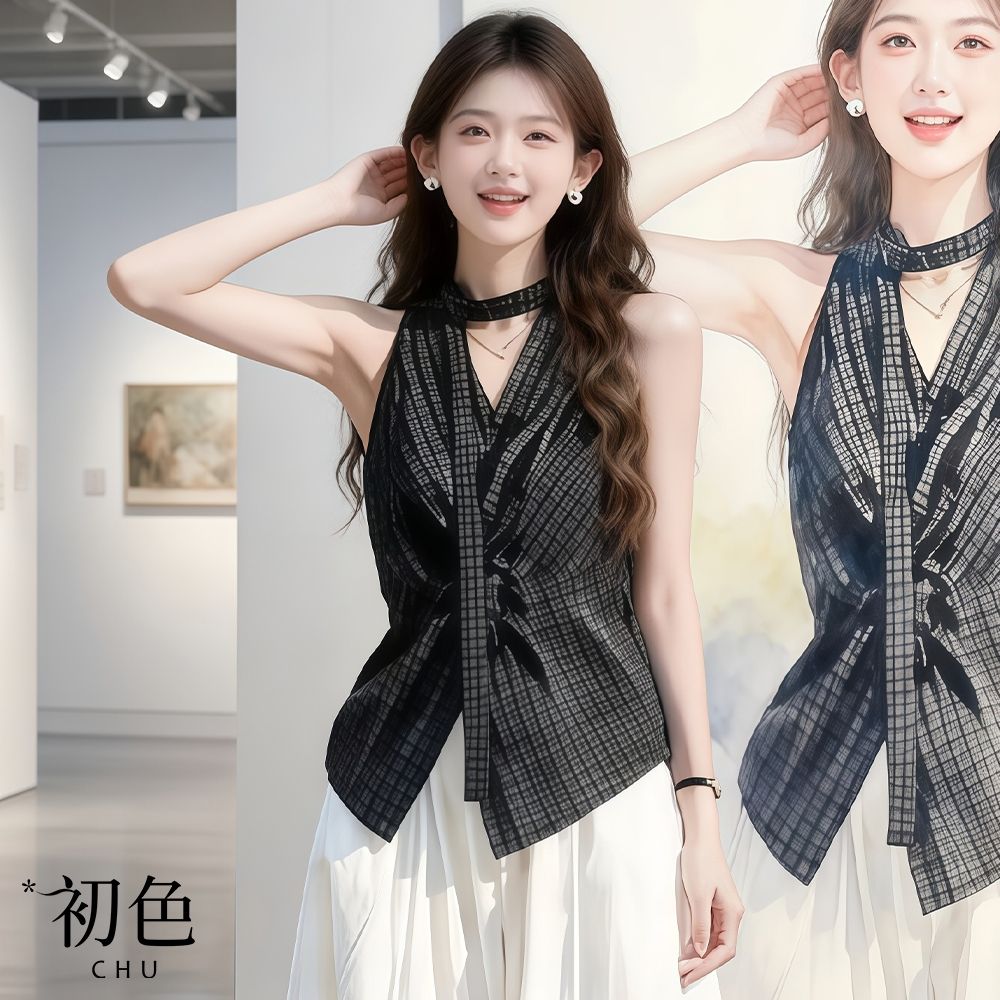 初色 韓系修身拼接格紋圍脖飄帶不規則下擺交叉V領無袖襯衫上衣女上衣-格紋-51985(M-XL可選)