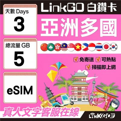 LINKGO白鑽卡 亞洲多國 eSIM卡 3天上網絡卡 總流量5GB 高速流量(亞洲11國網卡 日韓中澳泰越新馬印柬菲 虛擬卡)