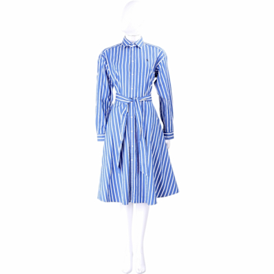 Polo Ralph Lauren 小馬刺繡條紋純棉亮藍白綁帶襯衫式A字連身裙 洋裝