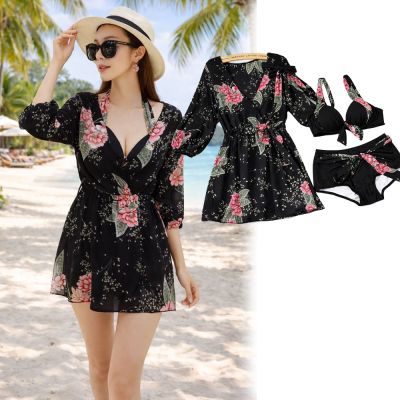 Biki.泳衣瑞特M-2L日風花五分袖鋼圈三件式洋裝泳裝