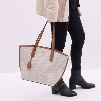 MICHAEL KORS JANE 皮革邊飾帆布肩背托特包(白咖)