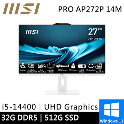 MSI微星 微星 PRO AP272P 14M-633TW-SP3 27型 白(i5-14400/32G/512G SSD/W11)特仕版