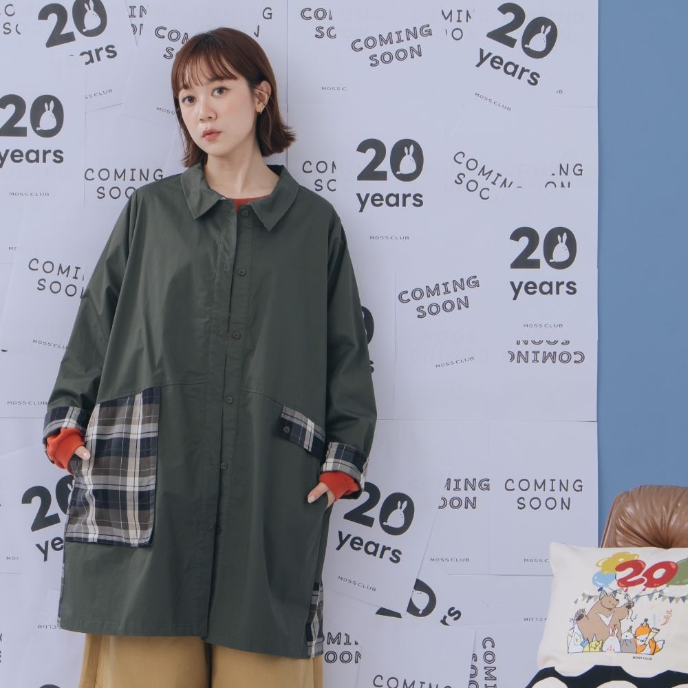 【MOSS CLUB】翻領拼接格紋開襟外套 黑 綠(魅力商品)