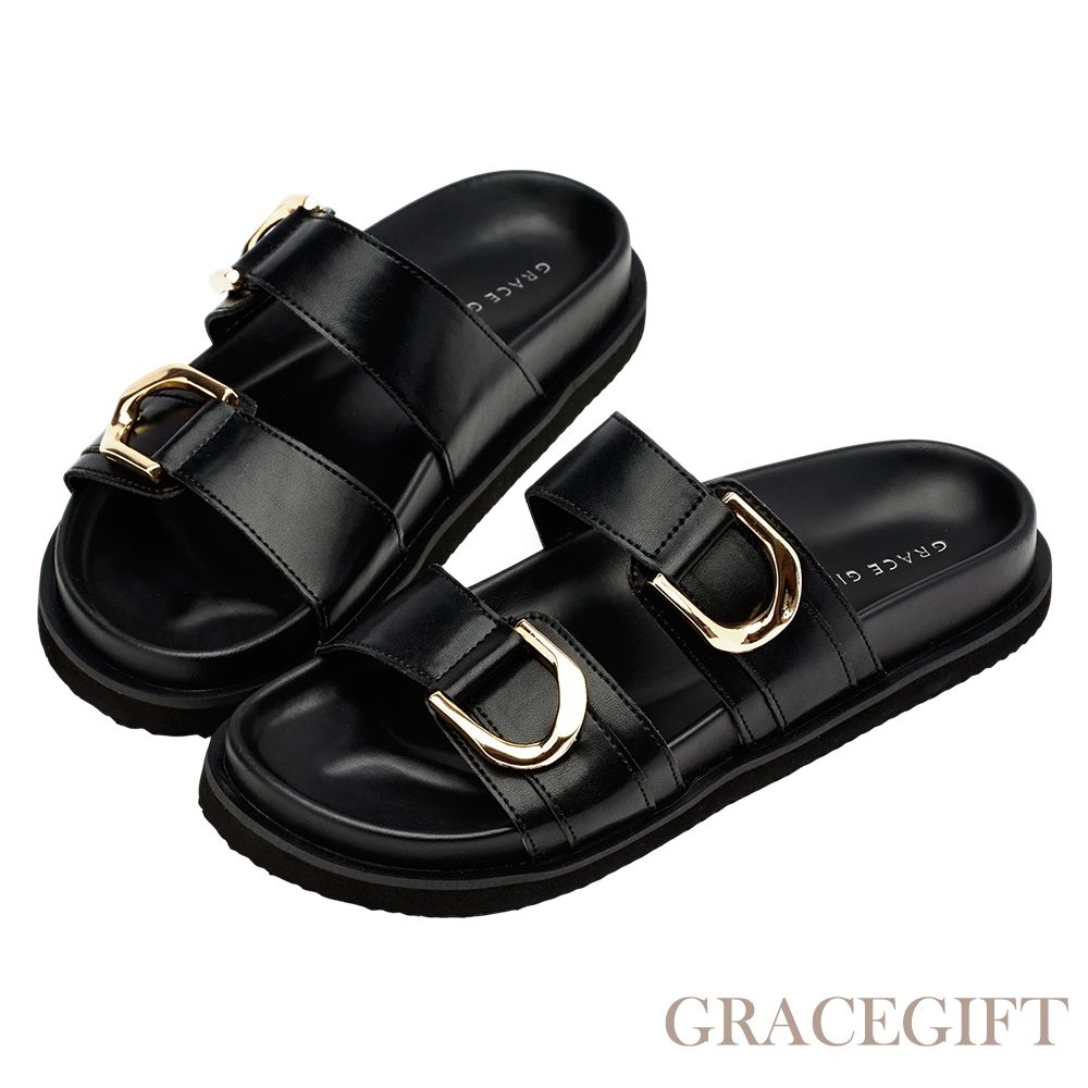 【Grace Gift】日光奶茶復古金屬扣雙帶拖鞋 黑