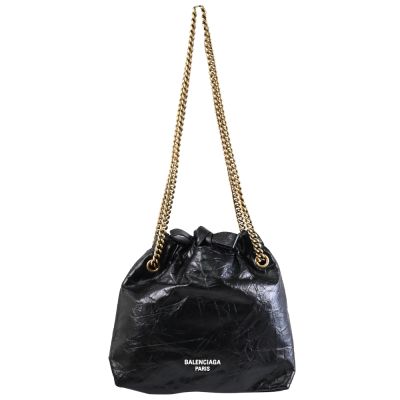 BALENCIAGA巴黎世家 BALENCIAGA CRUSH TOTE 燙印LOGO揉製牛皮托特/鍊包(黑 XS)