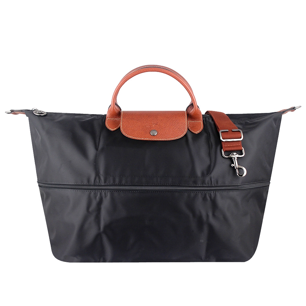 Longchamp LE PLIAGE 黑色再生尼龍拉鍊伸縮斜背/手提旅行袋