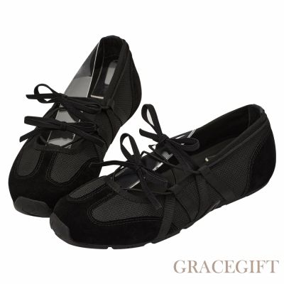 【Grace Gift】首爾芭蕾機能綁帶蝴蝶結瑪莉珍運動鞋 黑