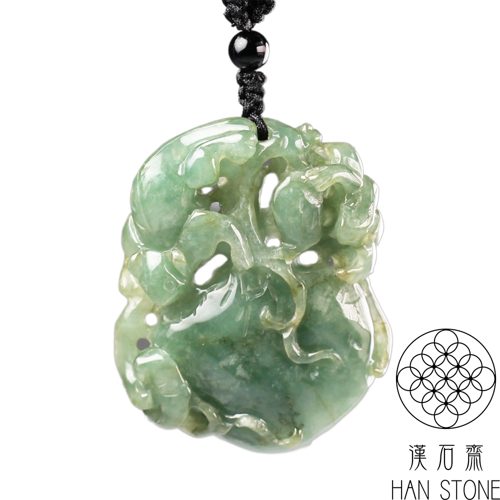 漢石齋】天然翡翠A貨瑞獸福瓜鏤空雕玉佩吊墜飄花種(42*49*12mm) | 漢石