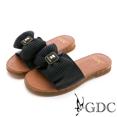 GDC-胖胖蝴蝶結真皮平底拖鞋-黑
