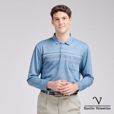 Emilio Valentino 範倫鐵諾 男長袖POLO衫 保暖蓄熱 口袋 藍(15-5V9987)