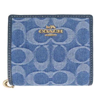 COACH 馬車標藍色老花牛仔布拉鍊袋押扣短夾