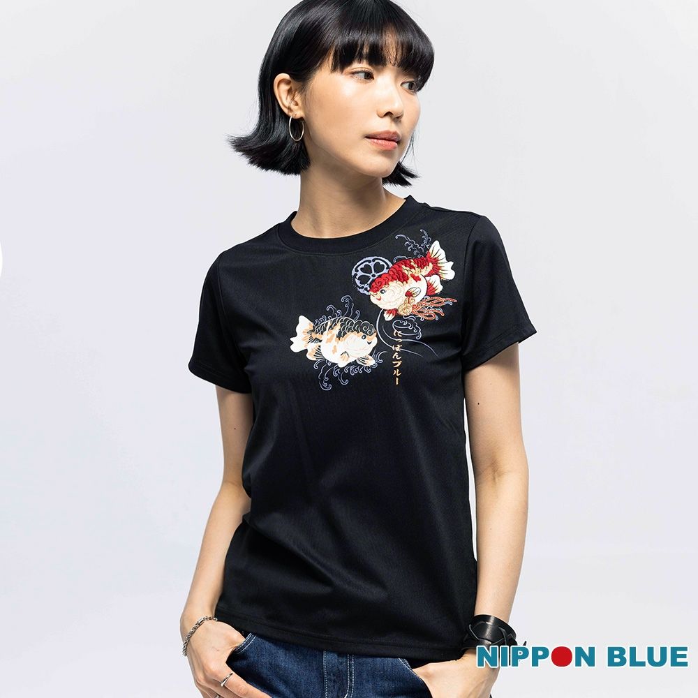 日本藍 BLUE WAY – 和藝術金魚游戲女款短TEE(黑)