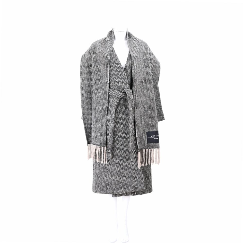 Max Mara-WEEKEND ZENICA 附圍巾 黑米色人字紋裡 綁帶羊毛大衣 外套