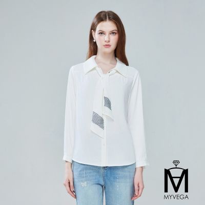 MYVEGA麥雪爾 MA俐落翻領幾何線條領巾襯衫-白