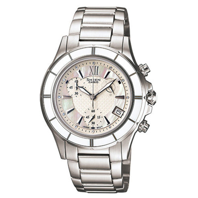 CASIO SHEEN系列 極光盛宴都會陶瓷晶鑽腕錶-白-SHE-5516D-7ADR-35mm
