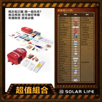 Solar Life 索樂生活 地震防災緊急避難包27入組.內政部緊急避難建議 颱風地震包 求生救援背包 醫療急救包 戰備防災包