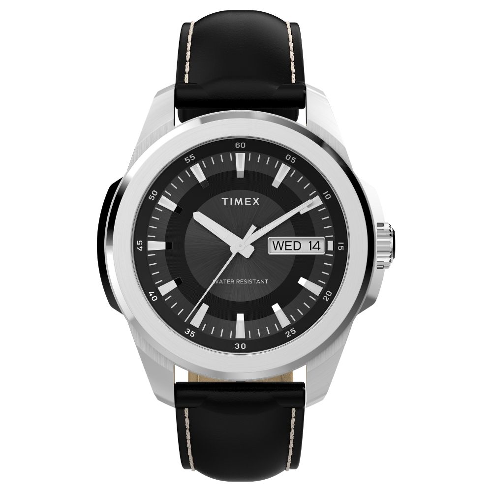 TIMEX 天美時 Essex Day and Date 都會魅力 45 毫米 皮革錶帶腕錶(黑 TXTW2Y20600)