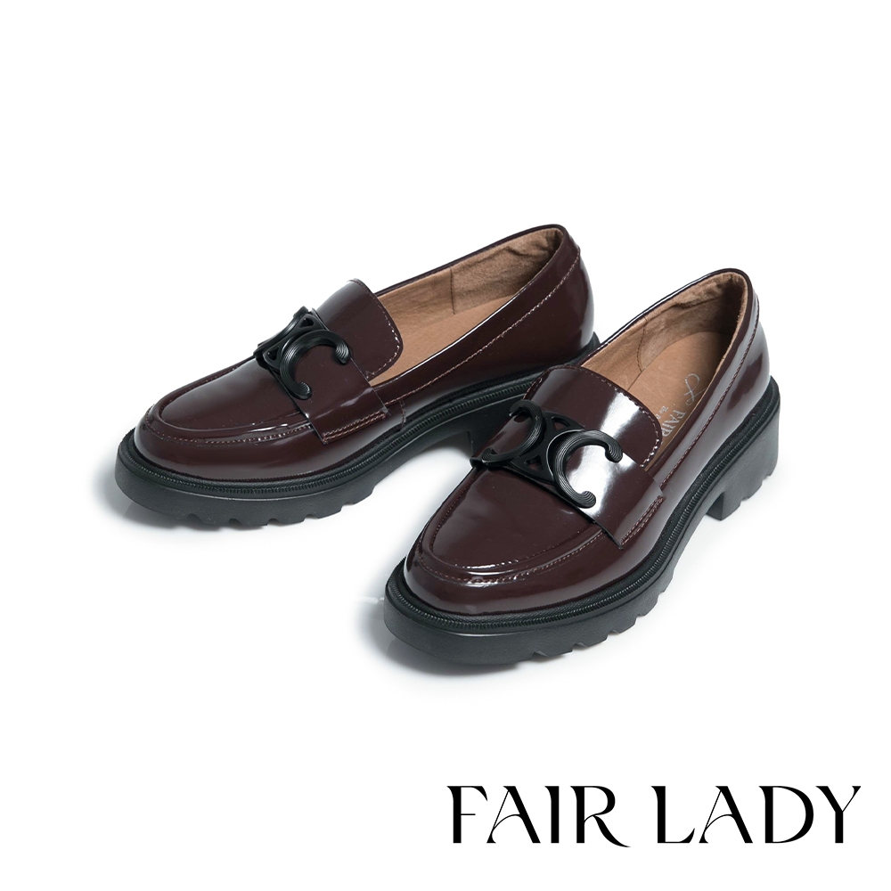 FAIR LADY 小時光 復古雙C漆皮厚底樂福鞋 酒紅 (552977)