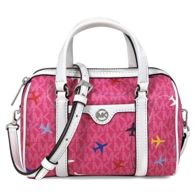 MICHAEL KORS 銀字小圓標Logo飛機印花防刮波士頓兩用包(紅龍果粉色/小)