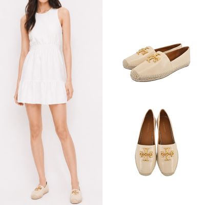 TORY BURCH ELEANOR 金字LOGO牛皮草編平底鞋(米)