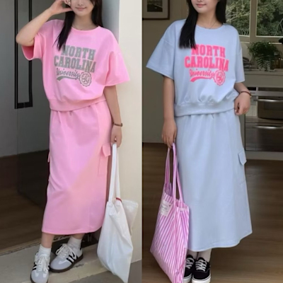 La Belleza圓領亮色英文字太空棉寬鬆上衣+鬆緊腰螢光抽繩貼口袋後開叉太空棉長裙兩件式套裝