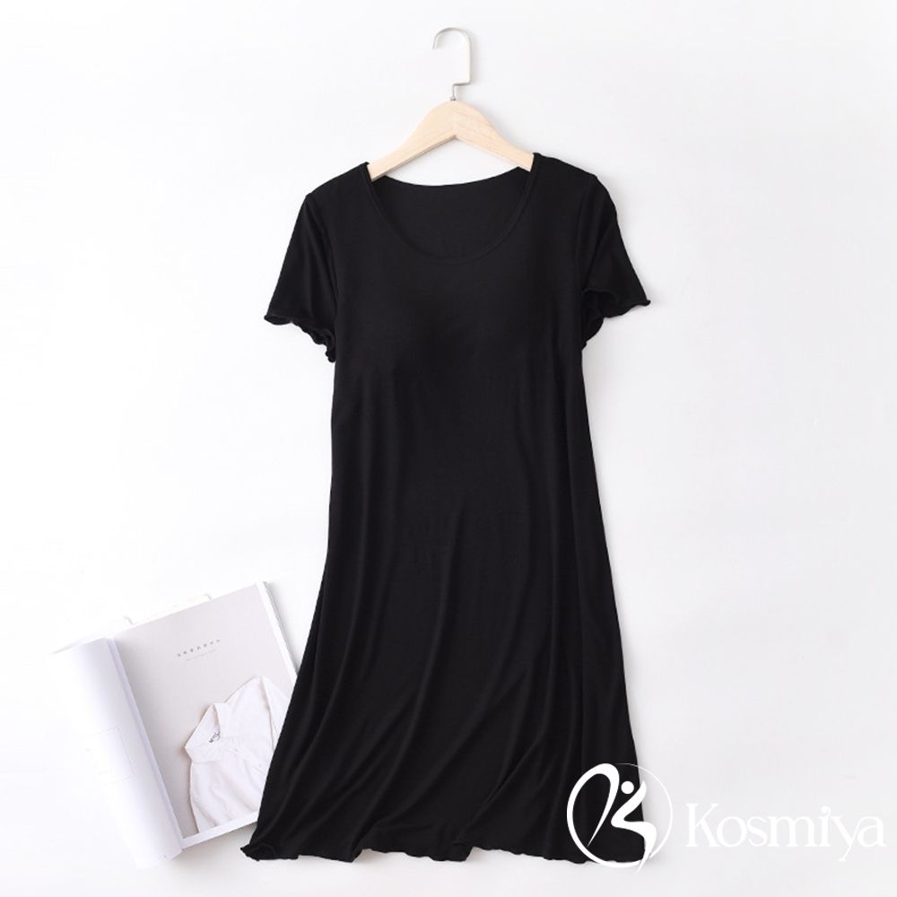【Kosmiya】1套 帶胸墊 莫代爾 荷葉捲邊短袖睡裙/女睡衣/睡裙/居家服/連身洋裝/洋裝(4色可選/均碼/加大碼) (黑色)