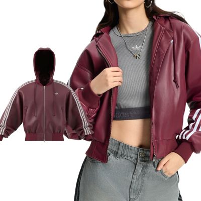Adidas W PLEATHER JKT 女款 酒紅色 三線 連帽 保暖 皮革 外套 KU6858