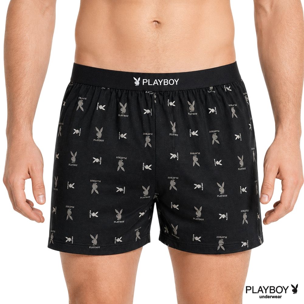 PLAYBOY涼感COOL AIR瞬涼嫘縈兔頭印花四角褲-灰兔黑底