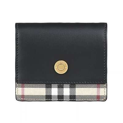 BURBERRY 巴寶莉 壓印金字釦 LOGO 設計小牛皮拼接格紋PVC 4卡三折短夾(典藏米x黑)