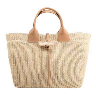 LONGCHAMP LE ROSEAU系列手工編織拉菲草竹扣手提包(黃棕)