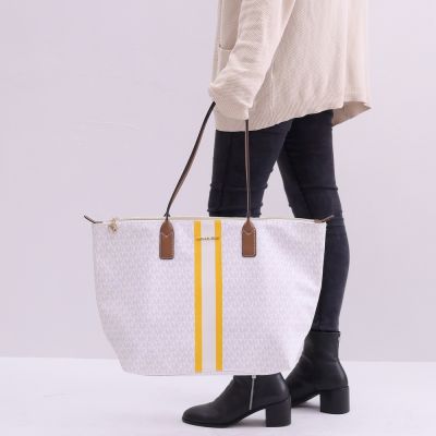 MICHAEL KORS TRAVEL 經典MK印花肩背大托特包(黃/白-全新福利品)