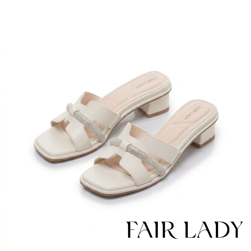 FAIR LADY 芯太軟 精品晶鑽低跟寬版拖鞋 白 (2E3172)