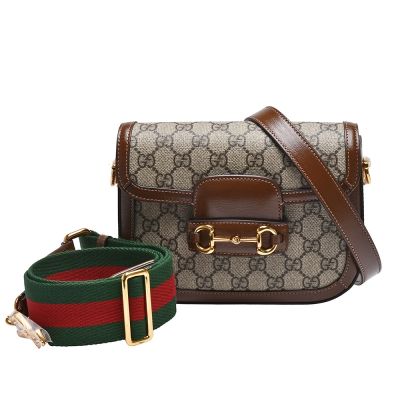 GUCCI 古馳 經典1955 Horsebit系列GG Supreme帆布雙背帶斜背包(卡夾-烏木色)