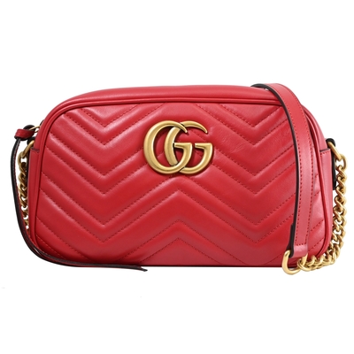 GUCCI 古馳 GG Marmont 經典幾何車線設計肩斜背相機包(紅色/24cm)