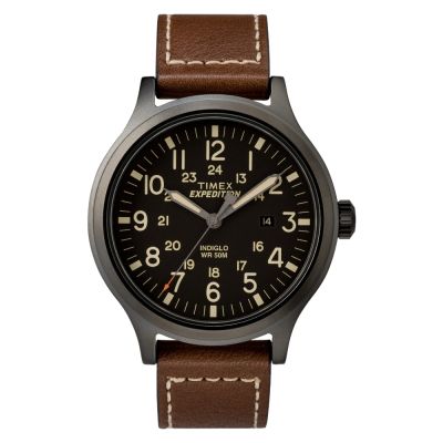TIMEX 天美時 Expedition Scout 43mm 皮錶帶腕錶(黑x棕 TXTW4B11300)