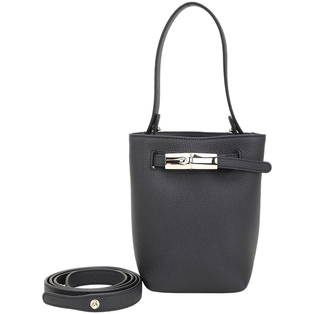 LONGCHAMP Le Smart XS 竹節扣帶荔紋小牛皮手提 肩斜背水桶包(黑色)