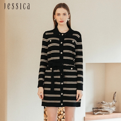 JESSICA -  經典條紋羊毛寬鬆長袖針織洋裝235401（黑）