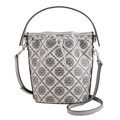 TORY BURCH T Monogram 經典水鑽LOGO手提斜背兩用包/水桶包(灰)