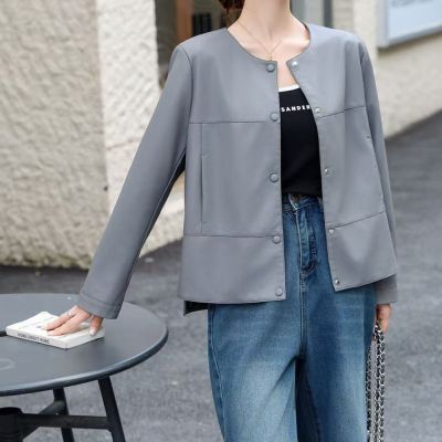 T2R-正韓空運-圓領拼接圓釦皮衣外套-灰/粉/橘/黑/米/藍/綠/紫