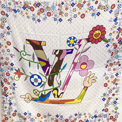 LOUIS VUITTON路易威登 LV Louis Vuitton x MURAKAMI M96080 村上隆聯名款花卉LV LOGO白彩絲巾(135*135CM)